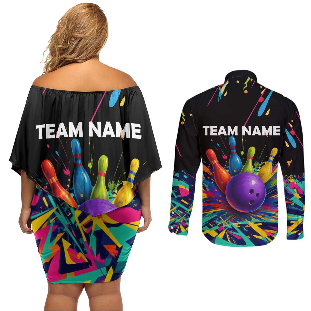 Custom Bowling Strike Design Couples Matching Off Shoulder Short Dress and Long Sleeve Button Shirt Colorful Pins and Purple Ball in Abstract Splatter Art Style - Wonder Print Shop