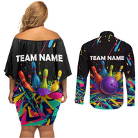 Custom Bowling Strike Design Couples Matching Off Shoulder Short Dress and Long Sleeve Button Shirt Colorful Pins and Purple Ball in Abstract Splatter Art Style - Wonder Print Shop