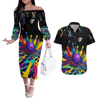 Custom Bowling Strike Design Couples Matching Off The Shoulder Long Sleeve Dress and Hawaiian Shirt Colorful Pins and Purple Ball in Abstract Splatter Art Style - Wonder Print Shop