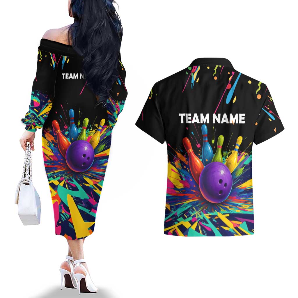 Custom Bowling Strike Design Couples Matching Off The Shoulder Long Sleeve Dress and Hawaiian Shirt Colorful Pins and Purple Ball in Abstract Splatter Art Style - Wonder Print Shop