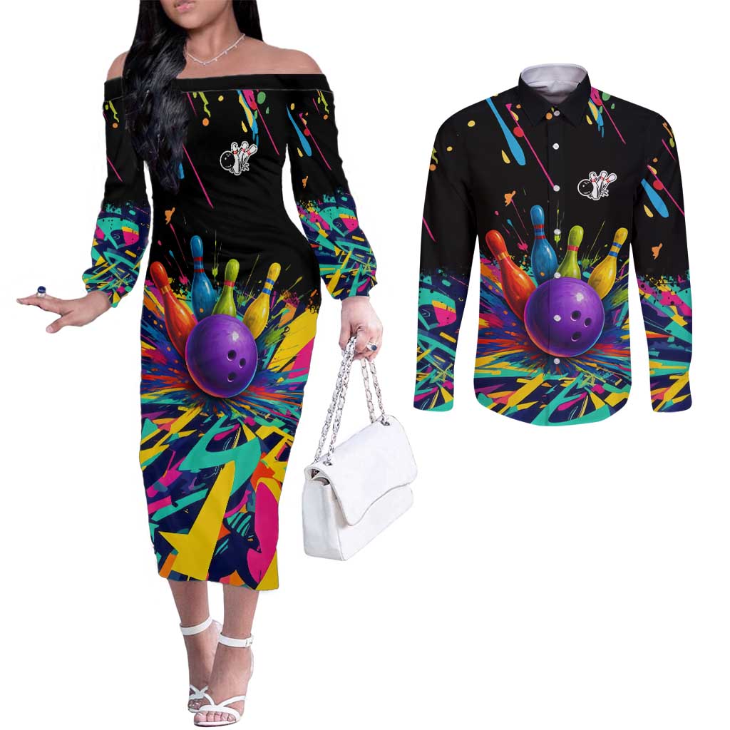 Custom Bowling Strike Design Couples Matching Off The Shoulder Long Sleeve Dress and Long Sleeve Button Shirt Colorful Pins and Purple Ball in Abstract Splatter Art Style - Wonder Print Shop