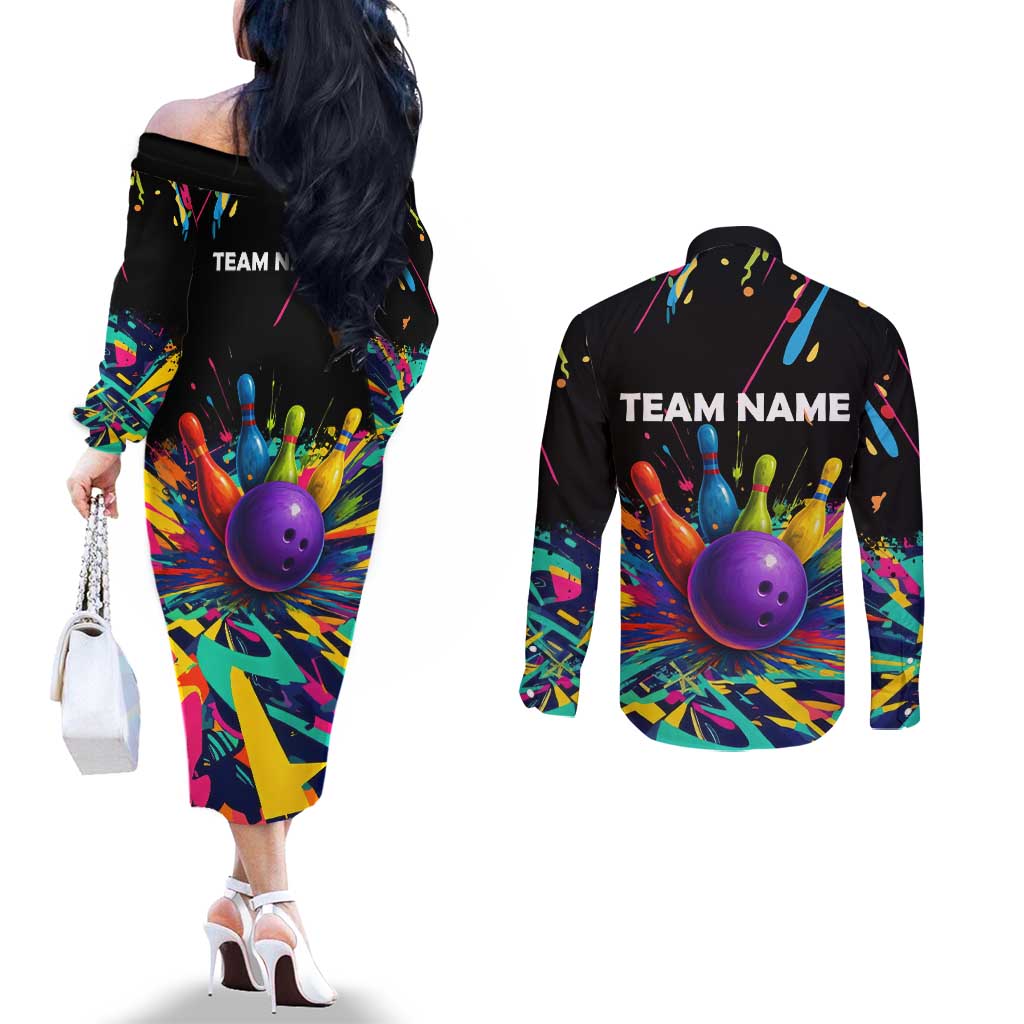 Custom Bowling Strike Design Couples Matching Off The Shoulder Long Sleeve Dress and Long Sleeve Button Shirt Colorful Pins and Purple Ball in Abstract Splatter Art Style - Wonder Print Shop