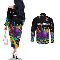 Custom Bowling Strike Design Couples Matching Off The Shoulder Long Sleeve Dress and Long Sleeve Button Shirt Colorful Pins and Purple Ball in Abstract Splatter Art Style - Wonder Print Shop