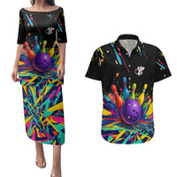 Custom Bowling Strike Design Couples Matching Puletasi and Hawaiian Shirt Colorful Pins and Purple Ball in Abstract Splatter Art Style - Wonder Print Shop
