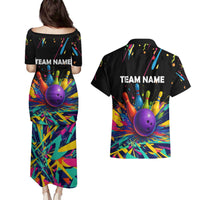Custom Bowling Strike Design Couples Matching Puletasi and Hawaiian Shirt Colorful Pins and Purple Ball in Abstract Splatter Art Style - Wonder Print Shop