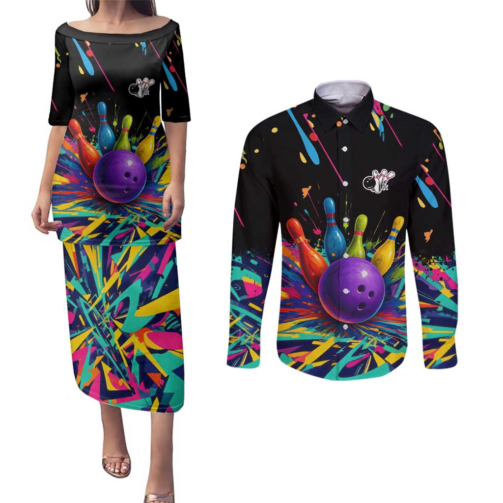 Custom Bowling Strike Design Couples Matching Puletasi and Long Sleeve Button Shirt Colorful Pins and Purple Ball in Abstract Splatter Art Style - Wonder Print Shop