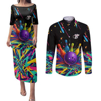 Custom Bowling Strike Design Couples Matching Puletasi and Long Sleeve Button Shirt Colorful Pins and Purple Ball in Abstract Splatter Art Style - Wonder Print Shop