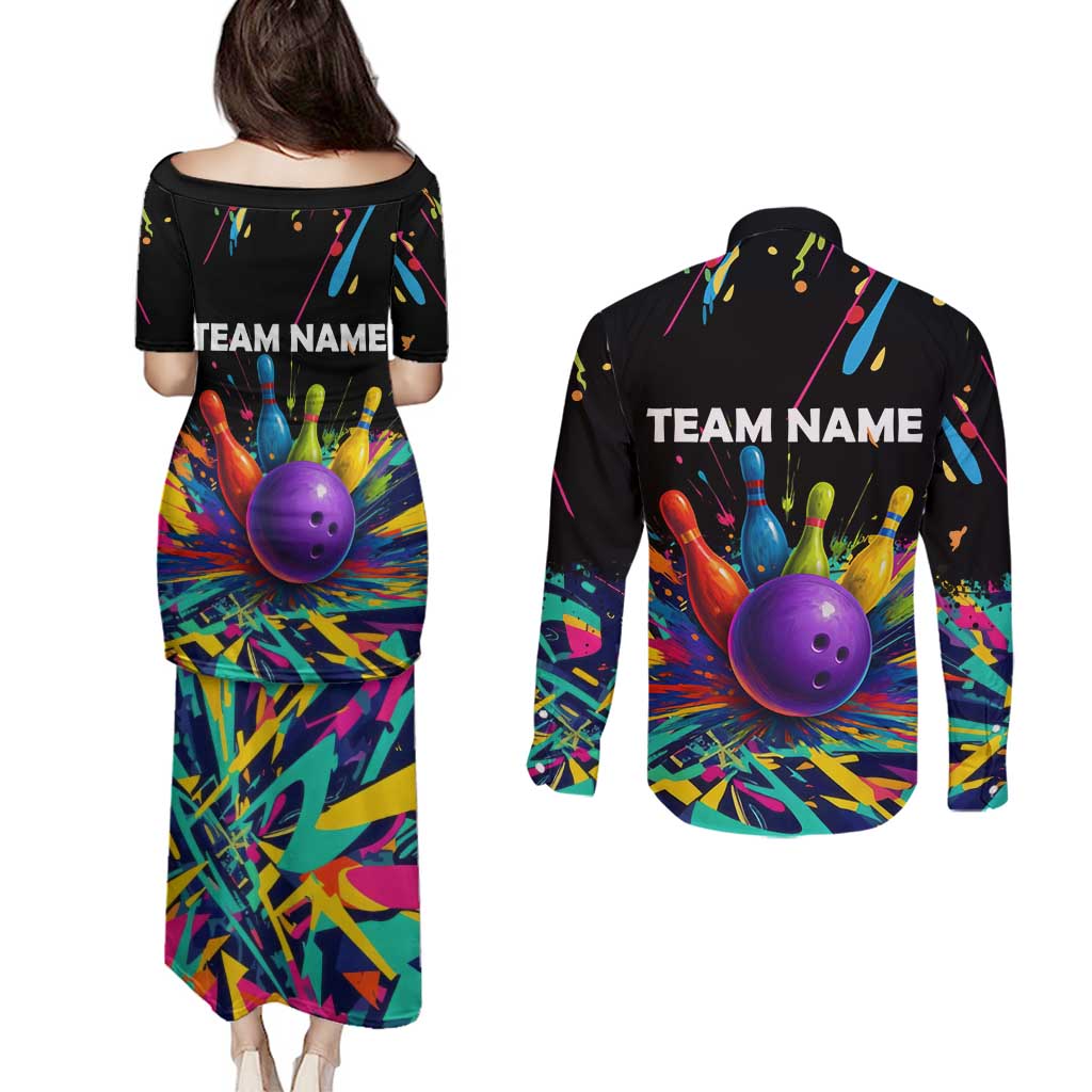 Custom Bowling Strike Design Couples Matching Puletasi and Long Sleeve Button Shirt Colorful Pins and Purple Ball in Abstract Splatter Art Style - Wonder Print Shop