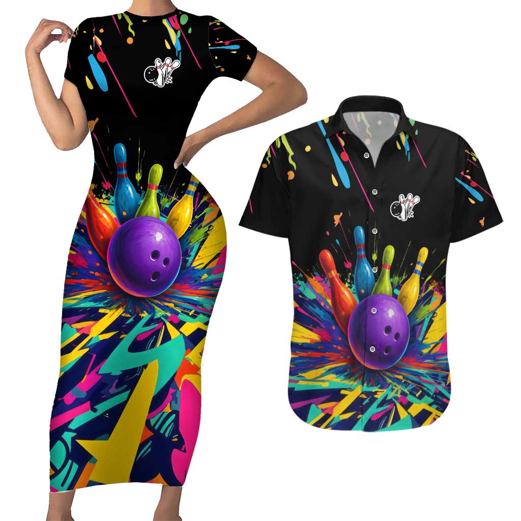 Custom Bowling Strike Design Couples Matching Short Sleeve Bodycon Dress and Hawaiian Shirt Colorful Pins and Purple Ball in Abstract Splatter Art Style - Wonder Print Shop
