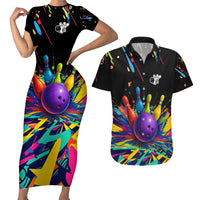 Custom Bowling Strike Design Couples Matching Short Sleeve Bodycon Dress and Hawaiian Shirt Colorful Pins and Purple Ball in Abstract Splatter Art Style - Wonder Print Shop