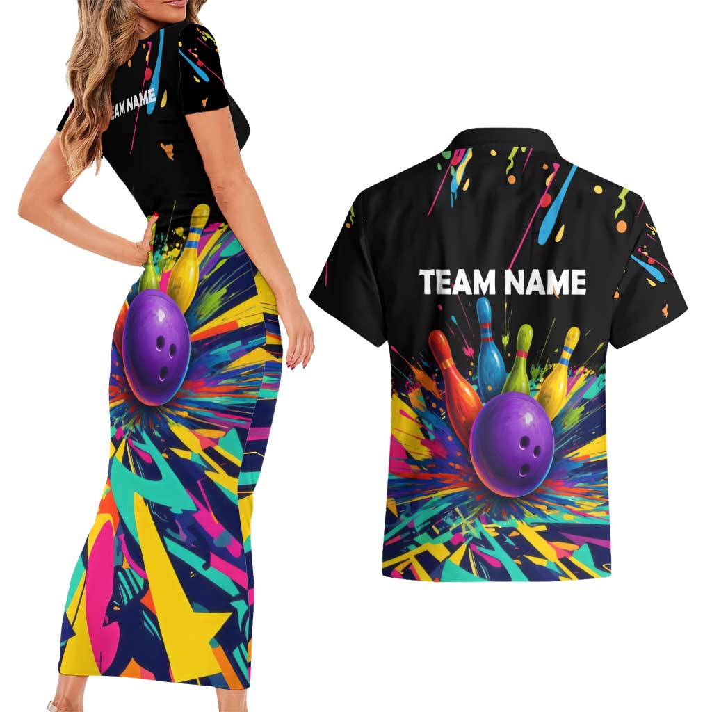 Custom Bowling Strike Design Couples Matching Short Sleeve Bodycon Dress and Hawaiian Shirt Colorful Pins and Purple Ball in Abstract Splatter Art Style - Wonder Print Shop