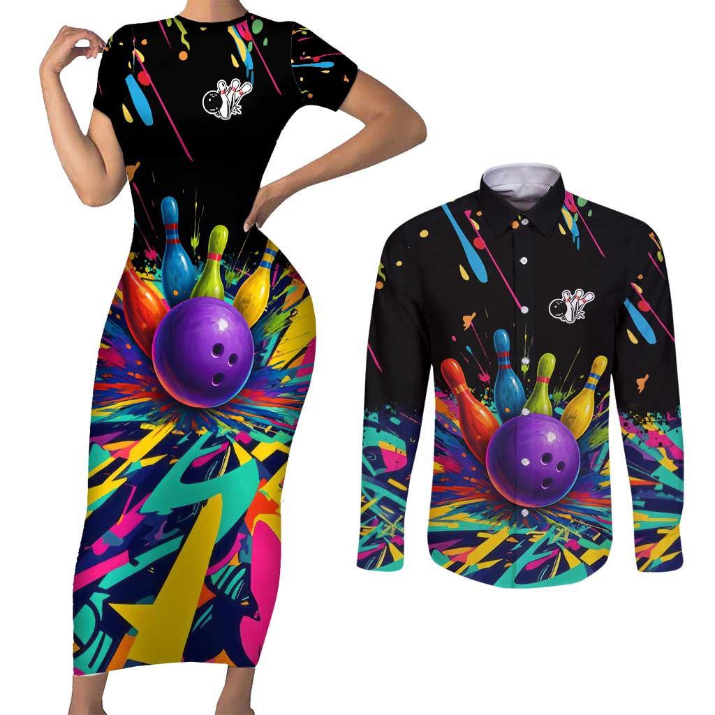 Custom Bowling Strike Design Couples Matching Short Sleeve Bodycon Dress and Long Sleeve Button Shirt Colorful Pins and Purple Ball in Abstract Splatter Art Style - Wonder Print Shop
