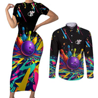 Custom Bowling Strike Design Couples Matching Short Sleeve Bodycon Dress and Long Sleeve Button Shirt Colorful Pins and Purple Ball in Abstract Splatter Art Style - Wonder Print Shop