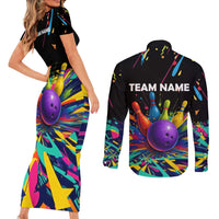 Custom Bowling Strike Design Couples Matching Short Sleeve Bodycon Dress and Long Sleeve Button Shirt Colorful Pins and Purple Ball in Abstract Splatter Art Style - Wonder Print Shop