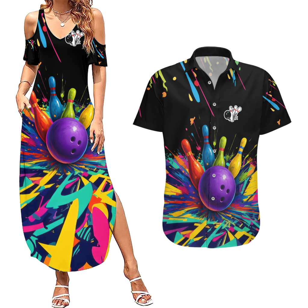 Custom Bowling Strike Design Couples Matching Summer Maxi Dress and Hawaiian Shirt Colorful Pins and Purple Ball in Abstract Splatter Art Style - Wonder Print Shop