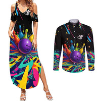 Custom Bowling Strike Design Couples Matching Summer Maxi Dress and Long Sleeve Button Shirt Colorful Pins and Purple Ball in Abstract Splatter Art Style - Wonder Print Shop