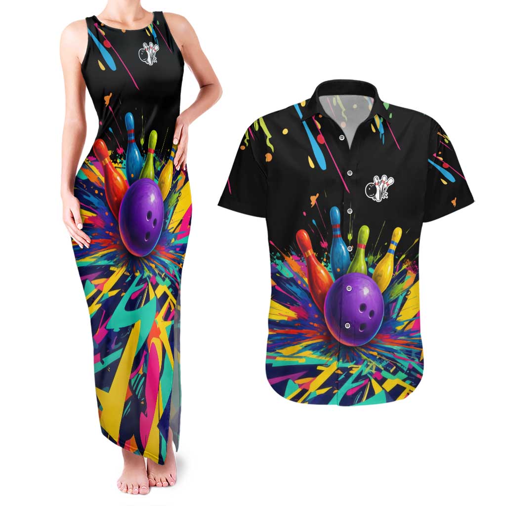Custom Bowling Strike Design Couples Matching Tank Maxi Dress and Hawaiian Shirt Colorful Pins and Purple Ball in Abstract Splatter Art Style - Wonder Print Shop
