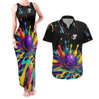 Custom Bowling Strike Design Couples Matching Tank Maxi Dress and Hawaiian Shirt Colorful Pins and Purple Ball in Abstract Splatter Art Style - Wonder Print Shop