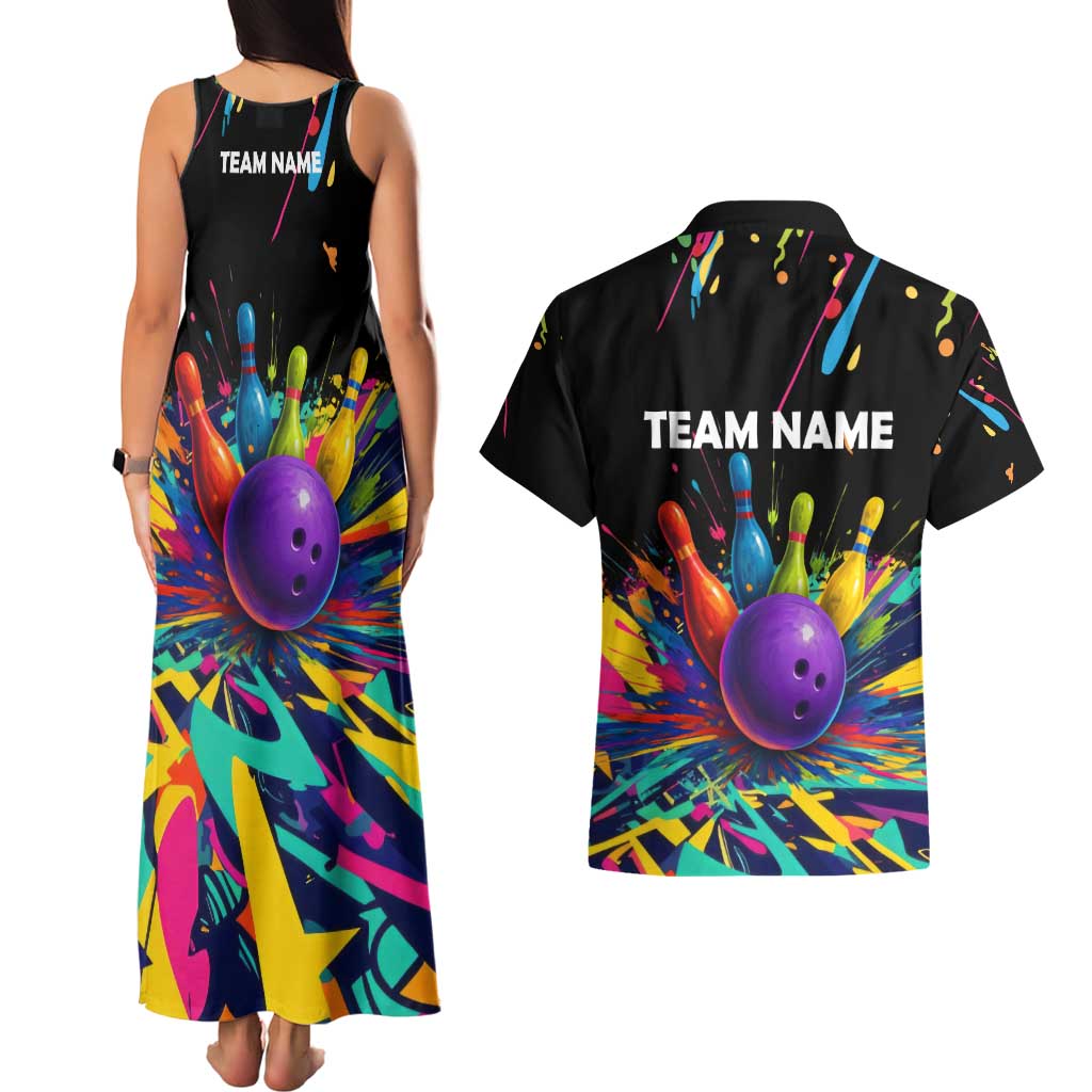 Custom Bowling Strike Design Couples Matching Tank Maxi Dress and Hawaiian Shirt Colorful Pins and Purple Ball in Abstract Splatter Art Style - Wonder Print Shop