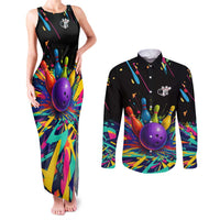 Custom Bowling Strike Design Couples Matching Tank Maxi Dress and Long Sleeve Button Shirt Colorful Pins and Purple Ball in Abstract Splatter Art Style - Wonder Print Shop