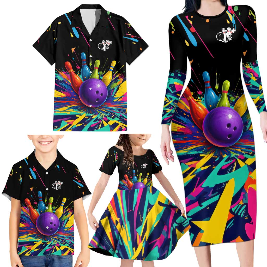 Custom Bowling Strike Design Family Matching Long Sleeve Bodycon Dress and Hawaiian Shirt Colorful Pins and Purple Ball in Abstract Splatter Art Style - Wonder Print Shop