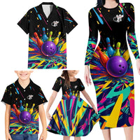 Custom Bowling Strike Design Family Matching Long Sleeve Bodycon Dress and Hawaiian Shirt Colorful Pins and Purple Ball in Abstract Splatter Art Style - Wonder Print Shop