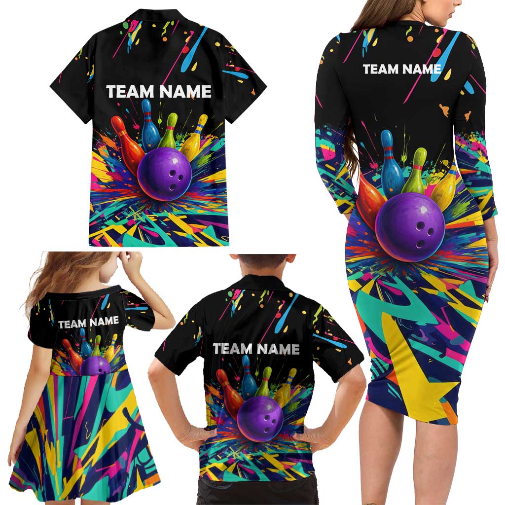 Custom Bowling Strike Design Family Matching Long Sleeve Bodycon Dress and Hawaiian Shirt Colorful Pins and Purple Ball in Abstract Splatter Art Style - Wonder Print Shop