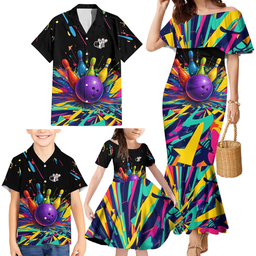 Custom Bowling Strike Design Family Matching Mermaid Dress and Hawaiian Shirt Colorful Pins and Purple Ball in Abstract Splatter Art Style - Wonder Print Shop