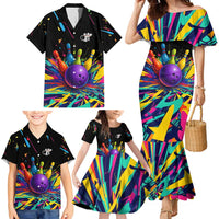 Custom Bowling Strike Design Family Matching Mermaid Dress and Hawaiian Shirt Colorful Pins and Purple Ball in Abstract Splatter Art Style - Wonder Print Shop
