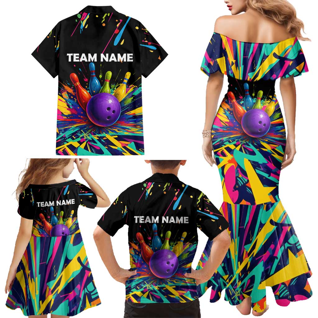 Custom Bowling Strike Design Family Matching Mermaid Dress and Hawaiian Shirt Colorful Pins and Purple Ball in Abstract Splatter Art Style - Wonder Print Shop