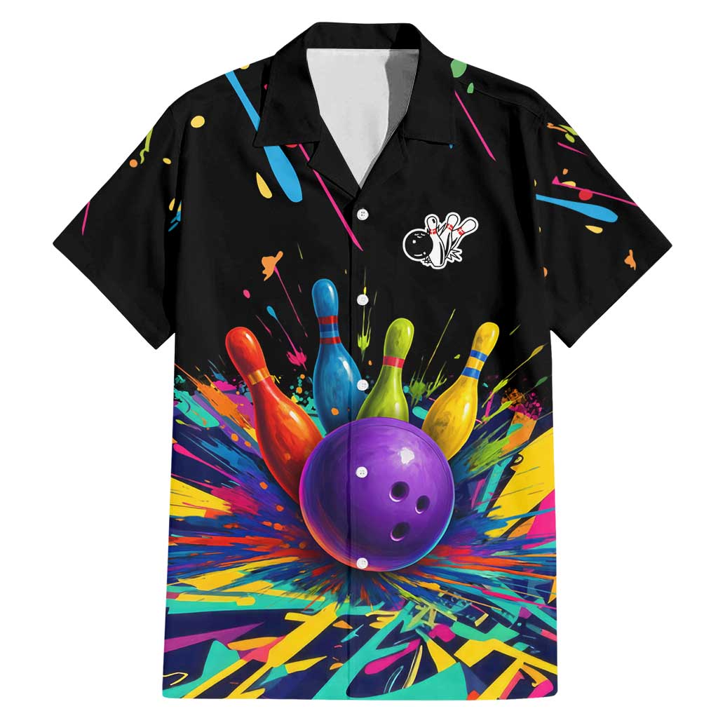Custom Bowling Strike Design Family Matching Mermaid Dress and Hawaiian Shirt Colorful Pins and Purple Ball in Abstract Splatter Art Style - Wonder Print Shop