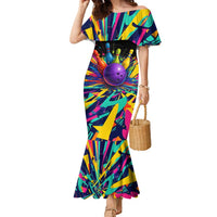 Custom Bowling Strike Design Family Matching Mermaid Dress and Hawaiian Shirt Colorful Pins and Purple Ball in Abstract Splatter Art Style - Wonder Print Shop