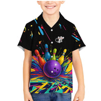Custom Bowling Strike Design Family Matching Mermaid Dress and Hawaiian Shirt Colorful Pins and Purple Ball in Abstract Splatter Art Style - Wonder Print Shop
