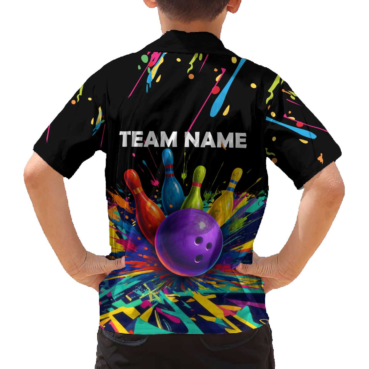 Custom Bowling Strike Design Family Matching Off The Shoulder Long Sleeve Dress and Hawaiian Shirt Colorful Pins and Purple Ball in Abstract Splatter Art Style - Wonder Print Shop