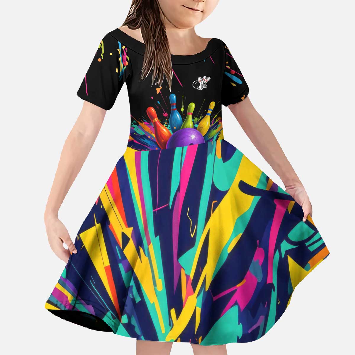 Custom Bowling Strike Design Family Matching Off The Shoulder Long Sleeve Dress and Hawaiian Shirt Colorful Pins and Purple Ball in Abstract Splatter Art Style - Wonder Print Shop