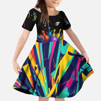 Custom Bowling Strike Design Family Matching Off The Shoulder Long Sleeve Dress and Hawaiian Shirt Colorful Pins and Purple Ball in Abstract Splatter Art Style - Wonder Print Shop