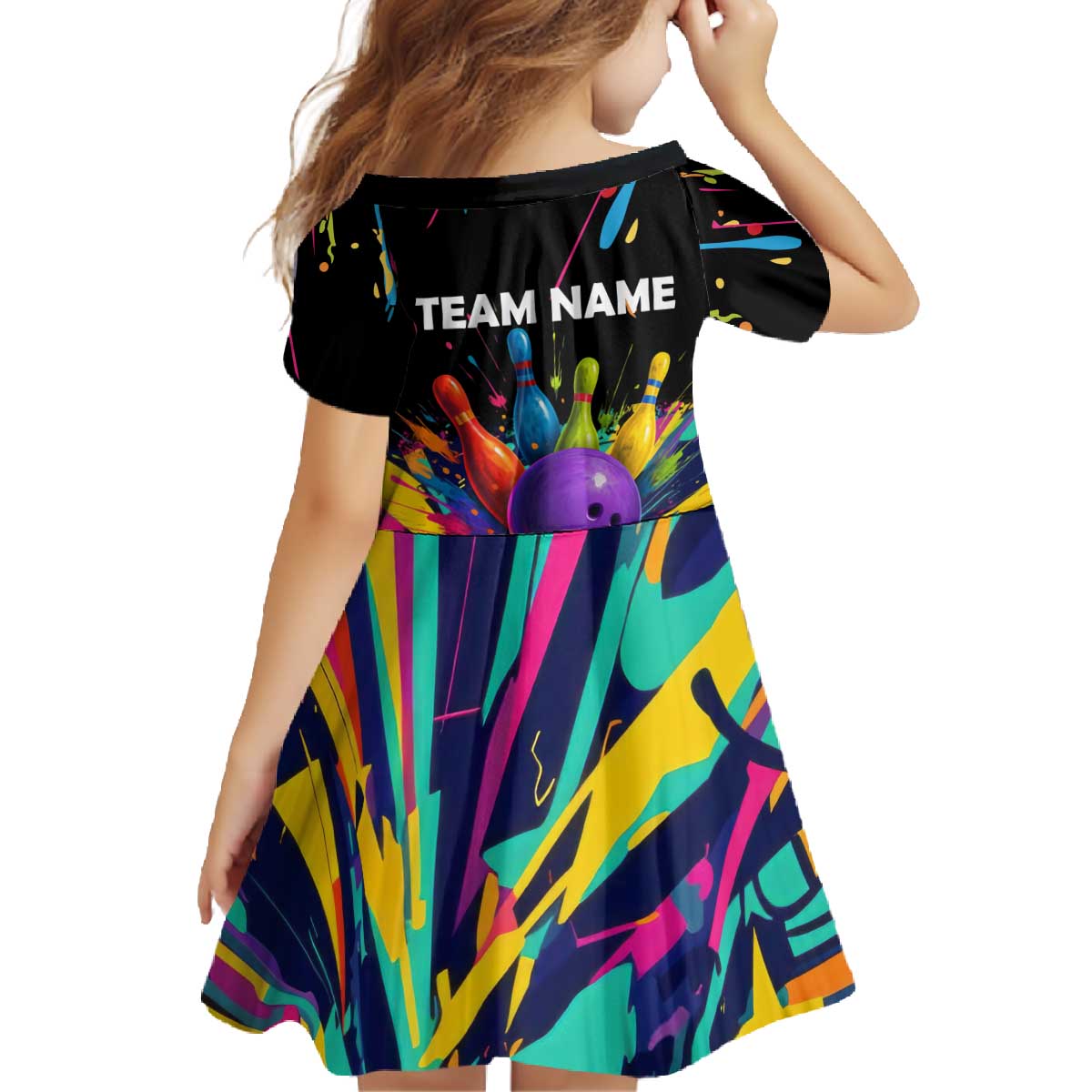Custom Bowling Strike Design Family Matching Off The Shoulder Long Sleeve Dress and Hawaiian Shirt Colorful Pins and Purple Ball in Abstract Splatter Art Style - Wonder Print Shop
