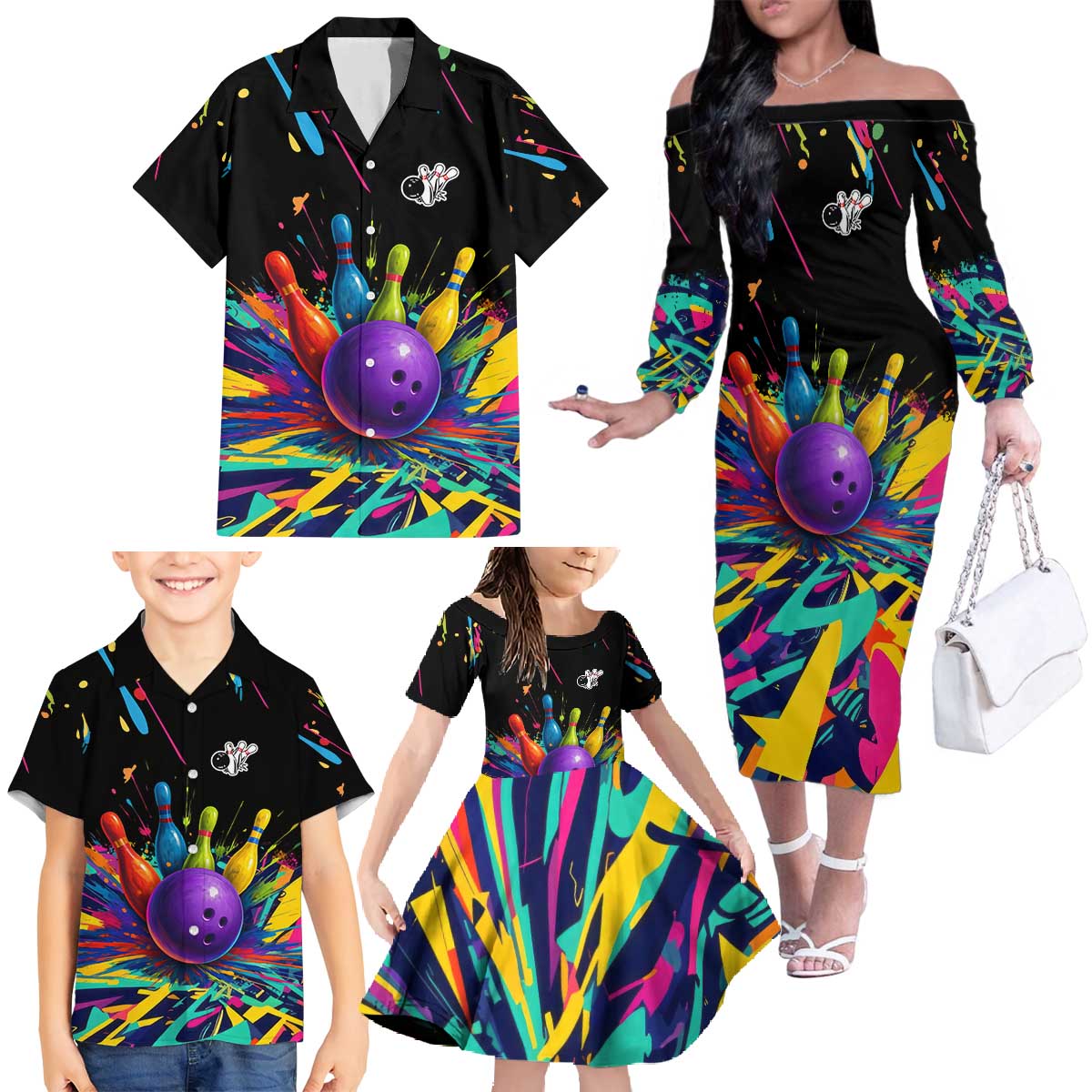 Custom Bowling Strike Design Family Matching Off The Shoulder Long Sleeve Dress and Hawaiian Shirt Colorful Pins and Purple Ball in Abstract Splatter Art Style - Wonder Print Shop