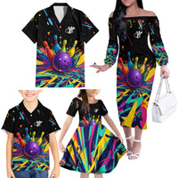 Custom Bowling Strike Design Family Matching Off The Shoulder Long Sleeve Dress and Hawaiian Shirt Colorful Pins and Purple Ball in Abstract Splatter Art Style - Wonder Print Shop
