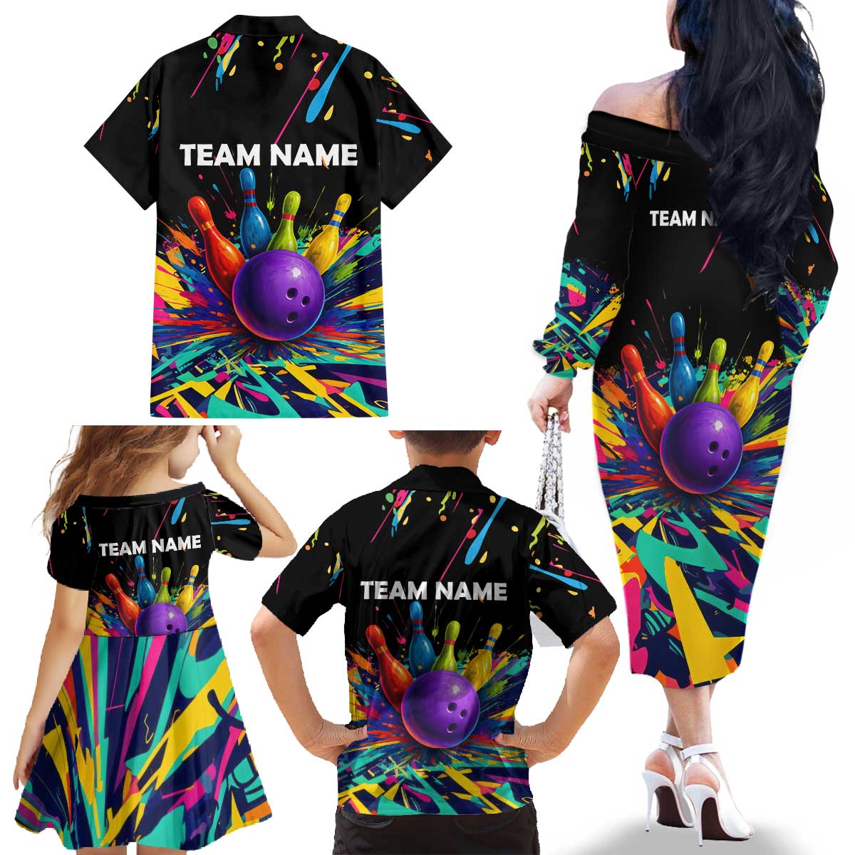 Custom Bowling Strike Design Family Matching Off The Shoulder Long Sleeve Dress and Hawaiian Shirt Colorful Pins and Purple Ball in Abstract Splatter Art Style - Wonder Print Shop