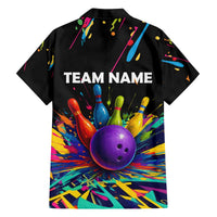 Custom Bowling Strike Design Family Matching Off The Shoulder Long Sleeve Dress and Hawaiian Shirt Colorful Pins and Purple Ball in Abstract Splatter Art Style - Wonder Print Shop