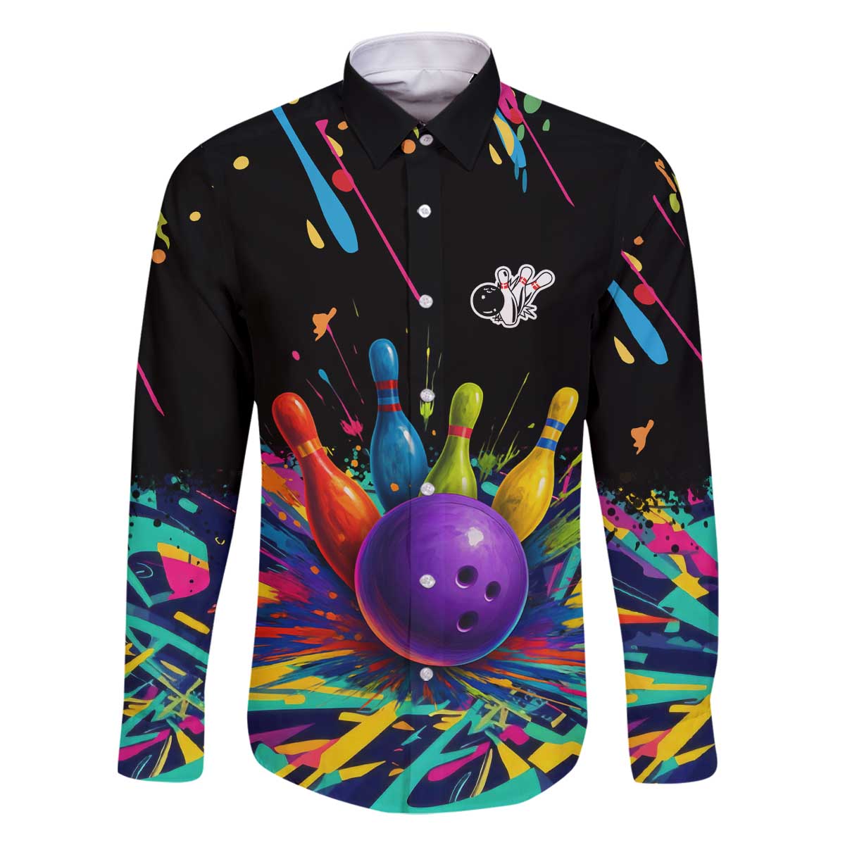 Custom Bowling Strike Design Family Matching Off The Shoulder Long Sleeve Dress and Hawaiian Shirt Colorful Pins and Purple Ball in Abstract Splatter Art Style - Wonder Print Shop