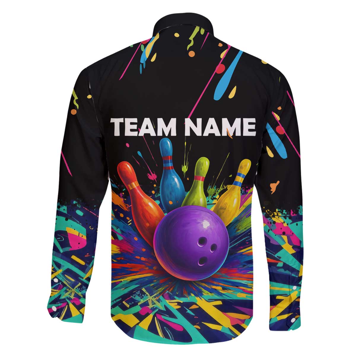 Custom Bowling Strike Design Family Matching Off The Shoulder Long Sleeve Dress and Hawaiian Shirt Colorful Pins and Purple Ball in Abstract Splatter Art Style - Wonder Print Shop