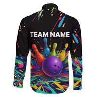 Custom Bowling Strike Design Family Matching Off The Shoulder Long Sleeve Dress and Hawaiian Shirt Colorful Pins and Purple Ball in Abstract Splatter Art Style - Wonder Print Shop