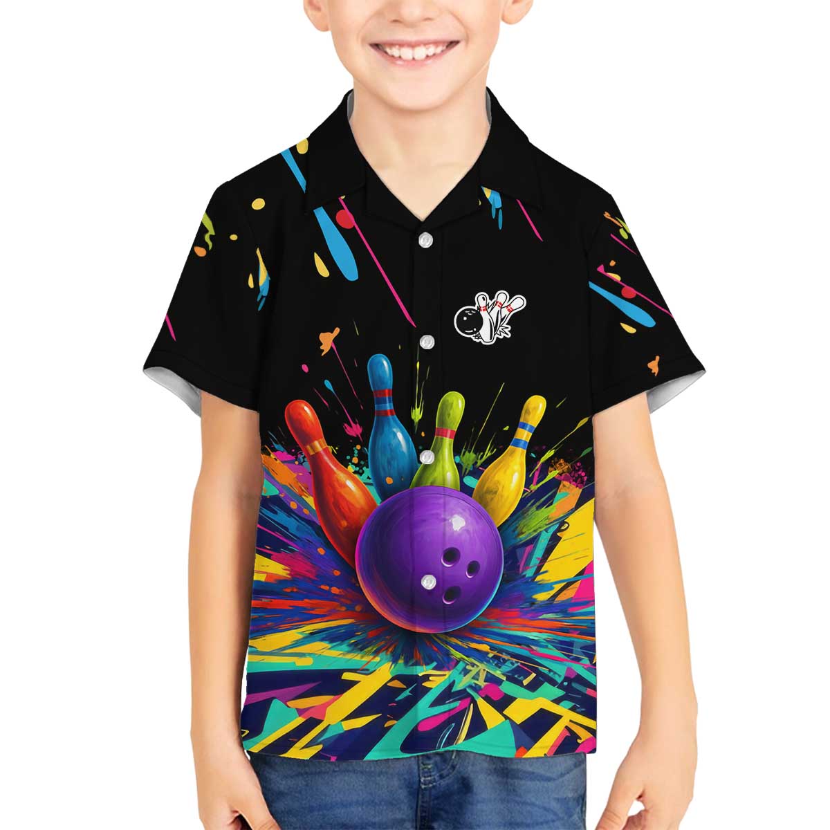 Custom Bowling Strike Design Family Matching Off The Shoulder Long Sleeve Dress and Hawaiian Shirt Colorful Pins and Purple Ball in Abstract Splatter Art Style - Wonder Print Shop
