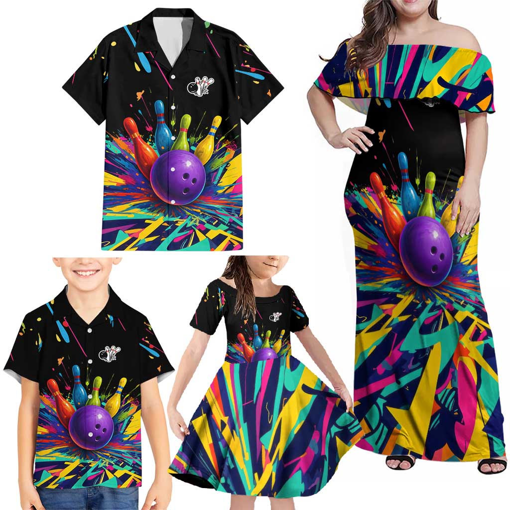 Custom Bowling Strike Design Family Matching Off Shoulder Maxi Dress and Hawaiian Shirt Colorful Pins and Purple Ball in Abstract Splatter Art Style - Wonder Print Shop