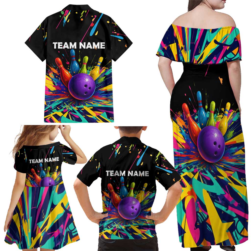 Custom Bowling Strike Design Family Matching Off Shoulder Maxi Dress and Hawaiian Shirt Colorful Pins and Purple Ball in Abstract Splatter Art Style - Wonder Print Shop