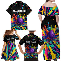 Custom Bowling Strike Design Family Matching Off Shoulder Maxi Dress and Hawaiian Shirt Colorful Pins and Purple Ball in Abstract Splatter Art Style - Wonder Print Shop