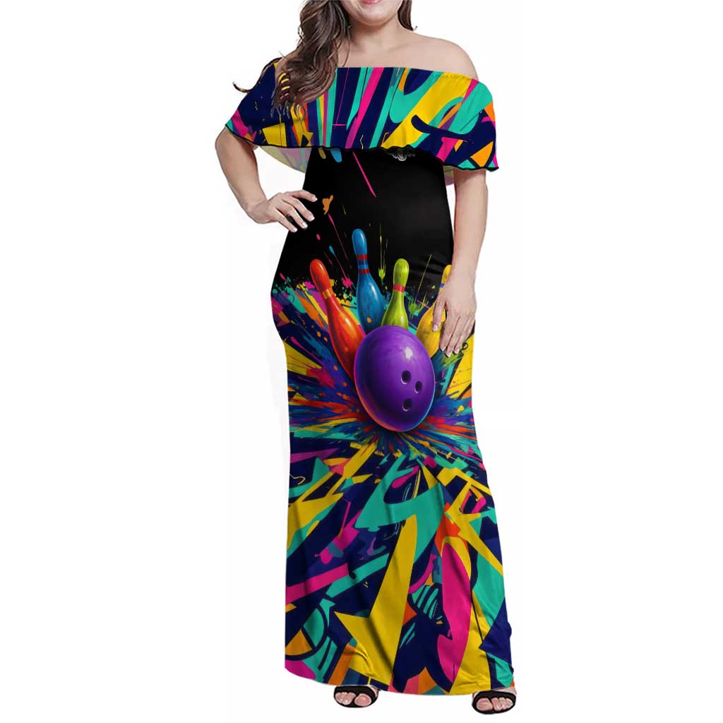 Custom Bowling Strike Design Family Matching Off Shoulder Maxi Dress and Hawaiian Shirt Colorful Pins and Purple Ball in Abstract Splatter Art Style - Wonder Print Shop
