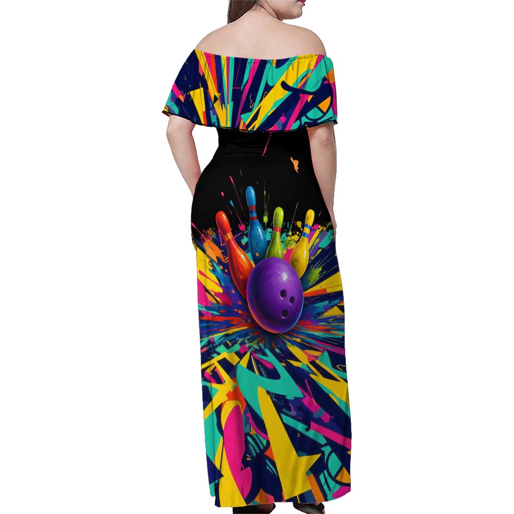 Custom Bowling Strike Design Family Matching Off Shoulder Maxi Dress and Hawaiian Shirt Colorful Pins and Purple Ball in Abstract Splatter Art Style - Wonder Print Shop
